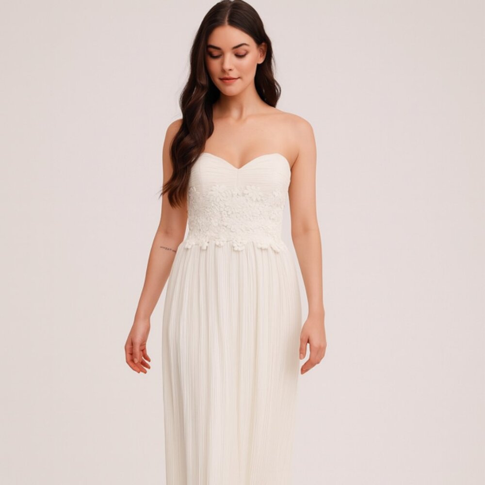 Vitrine Ivory Embroidered Floral Strapless Solid Pleated Midi Boho Dress Bridal